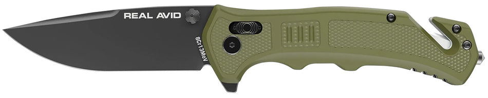 Real Avid AVRAV4 RAV-4 3.25" Folding Drop Point Plain Black Oxide 8Cr13MoV SS Blade, OD Green Textured GFN Handle, Clamshell Pkg