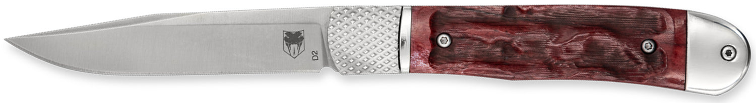 CobraTec Knives CTTHRRED Trapper Hidden Release 3.12" Flip Open Drop Point Plain Satin D2 Steel Blade, 4.25" Red Textured Bone Handle