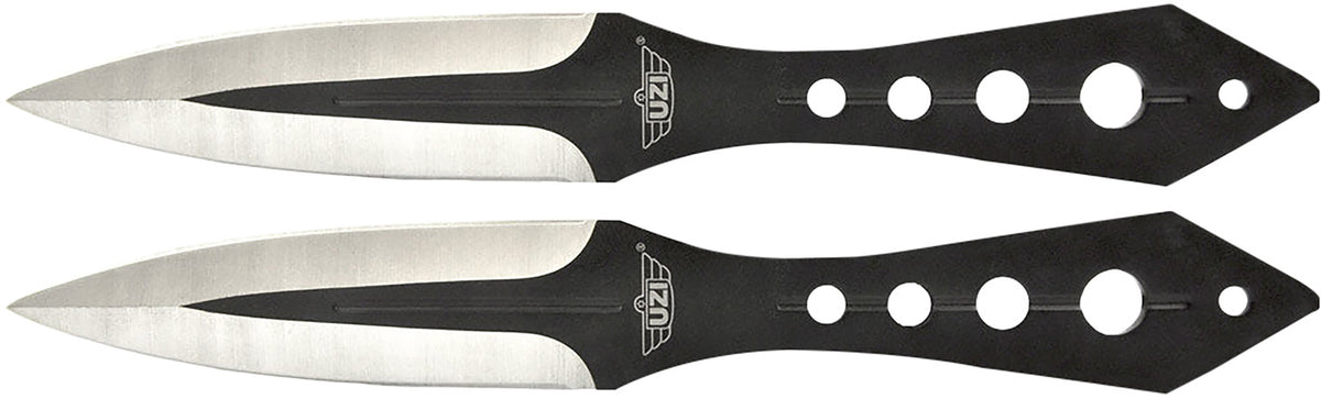 Uzi Accessories UZKTRWTZP Throwing Knives Two Fixed Plain Black/Silver Stainless Steel Blade, Black Stainless Steel Handle, Includes Nylon Holster