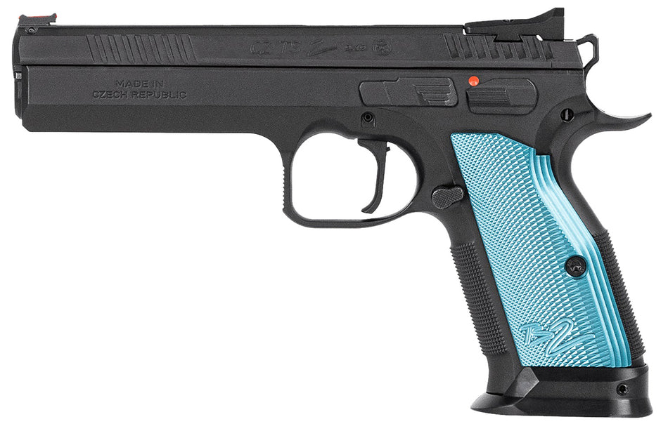 CZ-USA 01220 TS 2 9mm Luger 10+1 5.28" Black Steel Barrel, Black Nitride Serrated Slide, Black Steel Frame w/Beavertail, Blue Textured Aluminum Grip