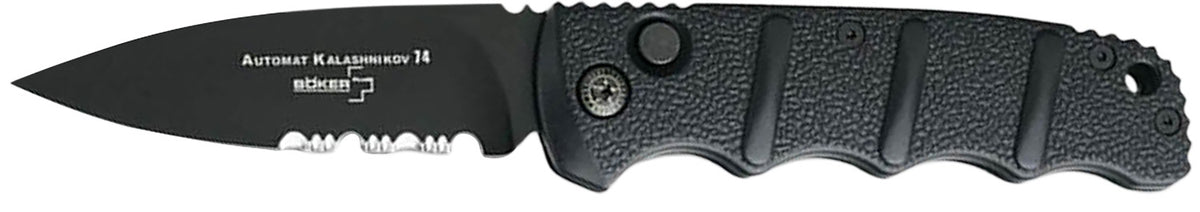 Boker 01KALS100 Kalashnikov 3.35" Drop Point Plain/Serrated Black D2 Steel Blade Aluminum Handle