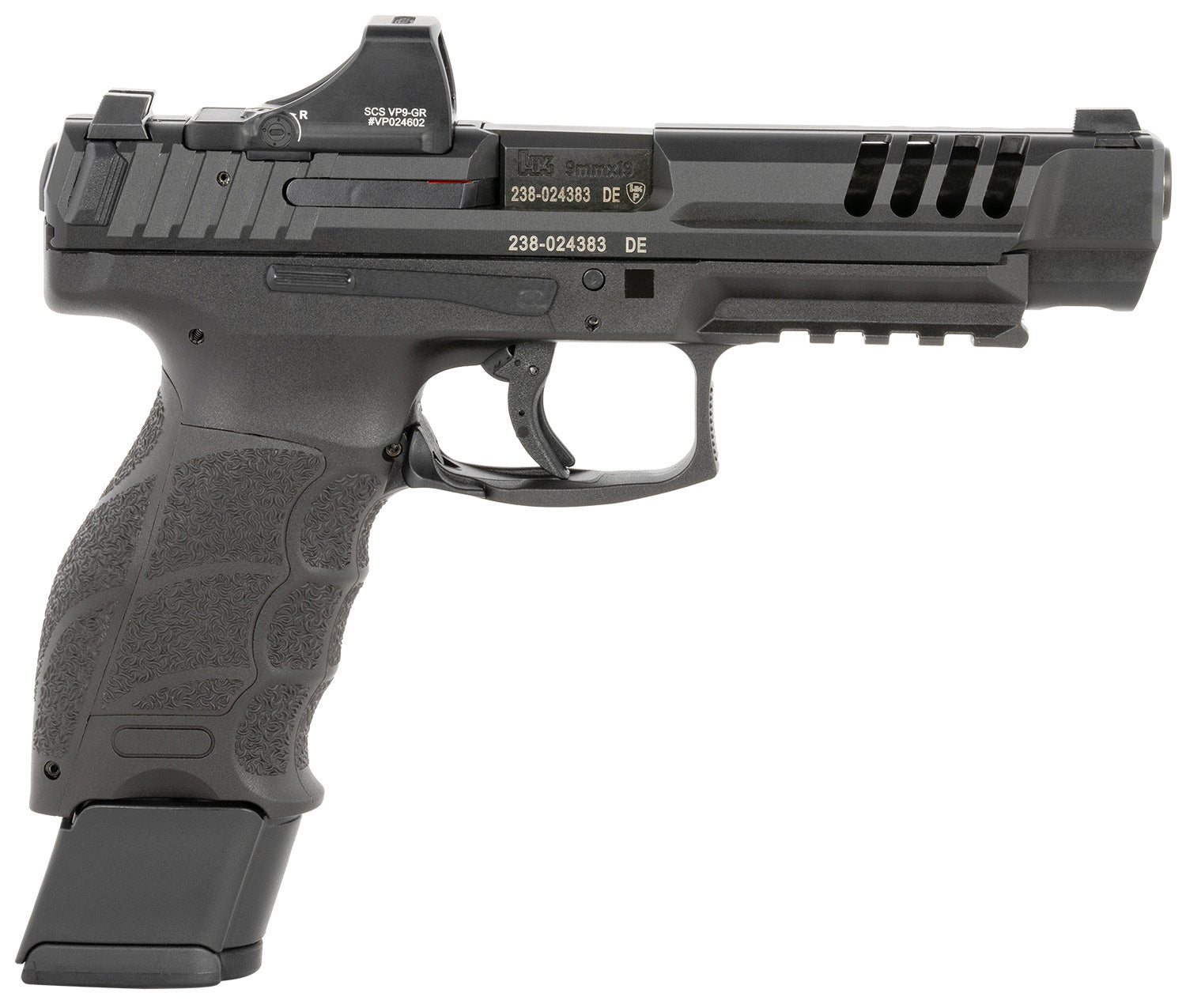 HK 81000878 VP9L SCS 9mm Luger 10+1 5" Black Polygonal Rifled Barrel, Long/Lightening Cuts/Optic Cut SCS Steel Slide, Polymer Frame w/Picatinny Rail, Black Interchangeable Backstrap Grip
