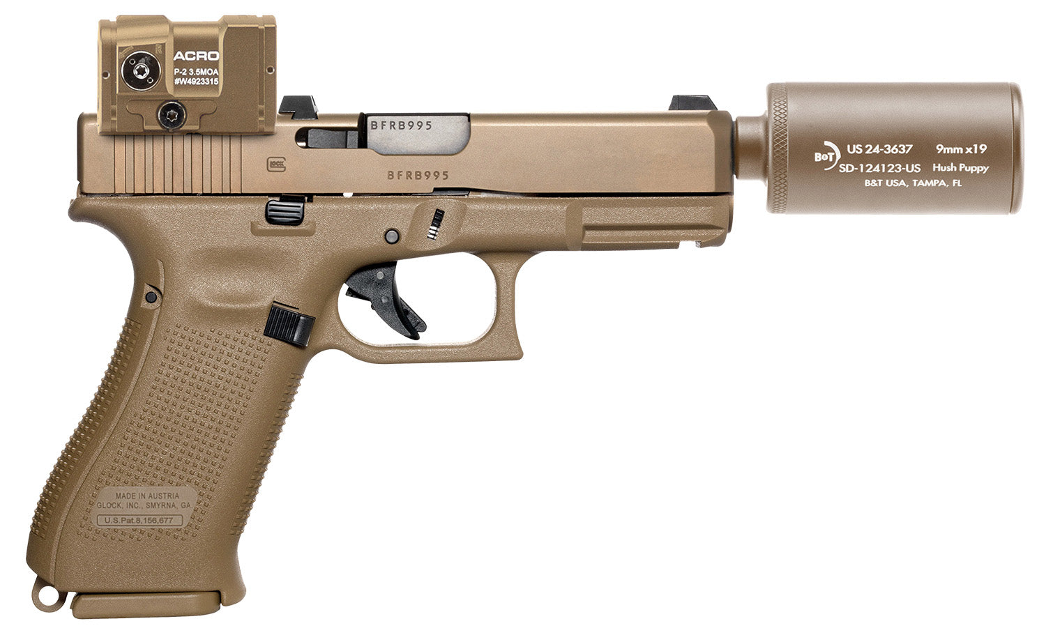 B&T Firearms HUSHPUPPYKITCTCSTM Hush Puppy Kit 9mm Luger 15+1 4" Stainless Threaded Barrel, Coyote Tan Receiver & Textured Grip, Includes Aimpoint Acro P-2 Red Dot, Suppressor & 2 Mags