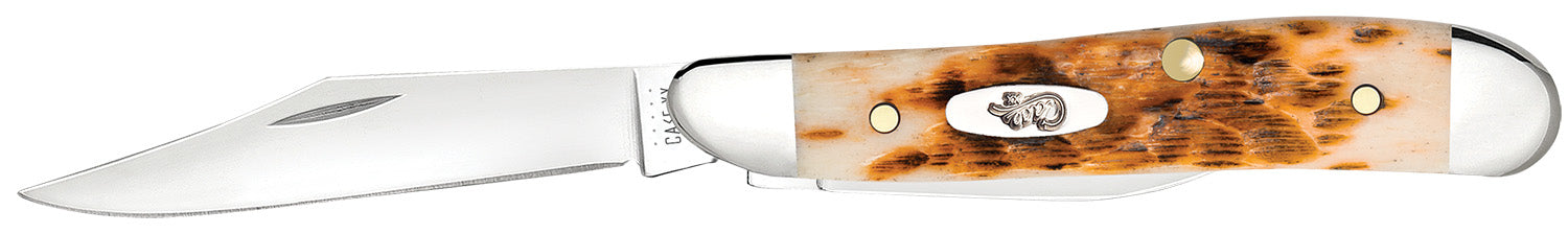Case 00045 Peanut 2.10"/1.53" Folding Clip Point/Pen Plain Mirror Polished Tru-Sharp SS Blade, Peach Seed Jigged Amber Jigged Bone Handle
