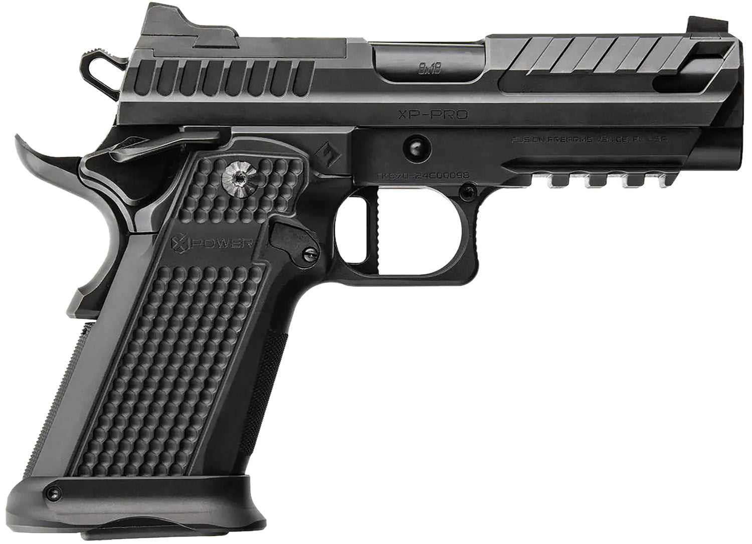 Fusion Firearms XP9BLK XP Pro 9mm Luger 17+1 4" Black Tennifer Bull Barrel, Black Optic Cut/Serrated/Vent Cut Slide, Black Steel Frame w/Beavertail & Picatinny Rail, Black Aluminum Grip