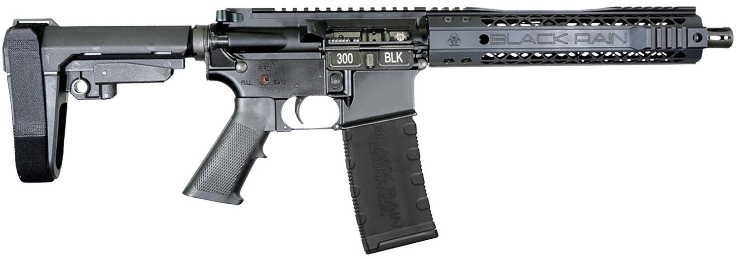 Black Rain Ordnance Spec15 300 Blackout 30+1 10.50" Black Nitride Steel Barrel, 10" M-LOK Handguard, Black Anodized Aluminum Picatinny Rail Receiver, Tactical SBA3 Brace, Black G.I. Grip