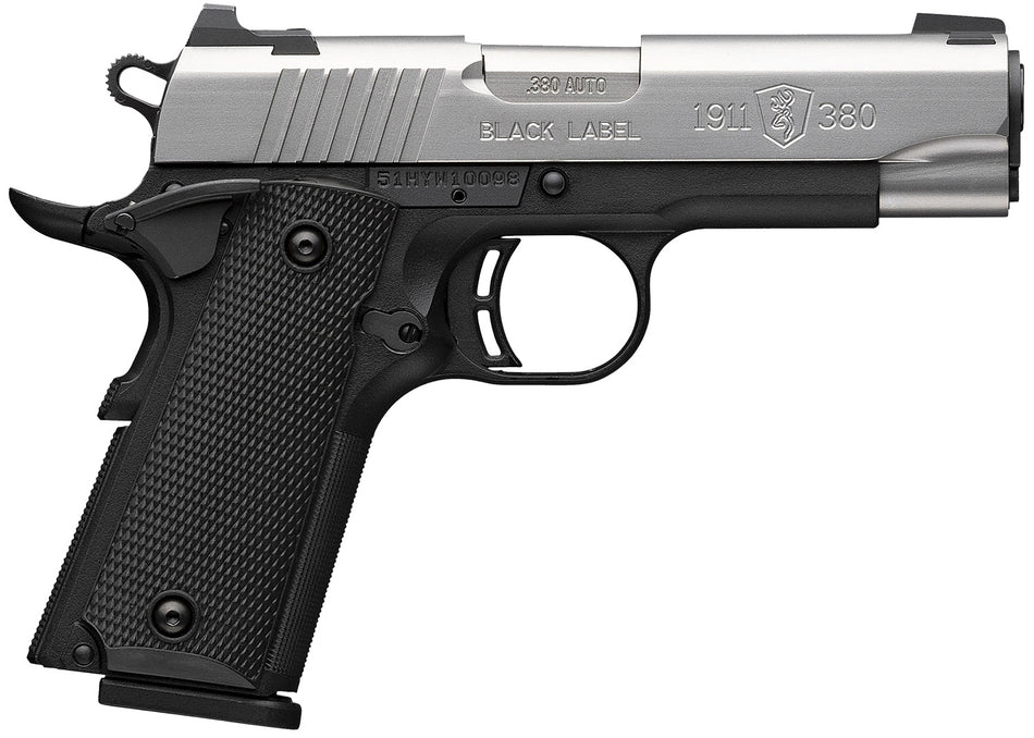 Browning 051119492 1911 Black Label Compact 380 ACP 8+1 3.63" Stainless Steel Barrel, Satin Stainless Steel Serrated Slide, Matte Black Polymer Frame, Black Polymer Grip