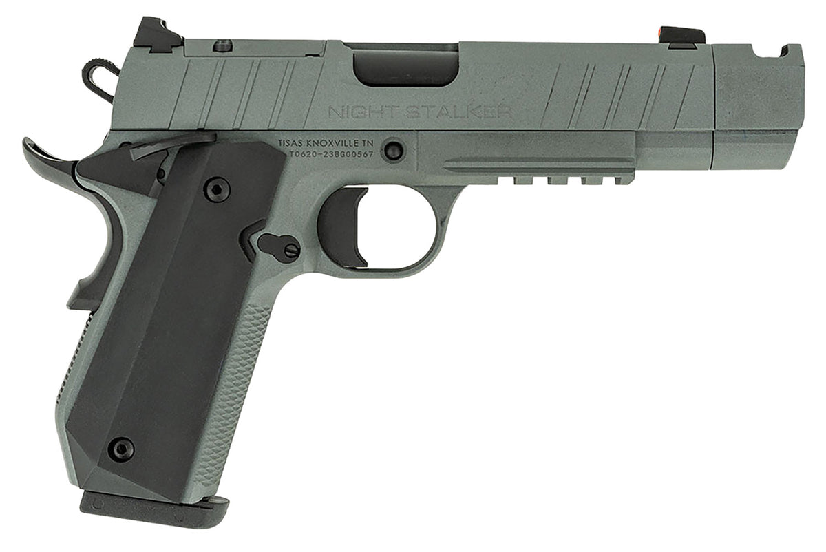 Tisas 10100133 1911 Night Stalker Carry Frame 9mm Luger 10+1 4.25" Black Cerakote Bull Barrel, Gray Cerakote Serrated Steel Slide, Gray Cerakote Steel Frame w/Beavertail & Picatinny Rail