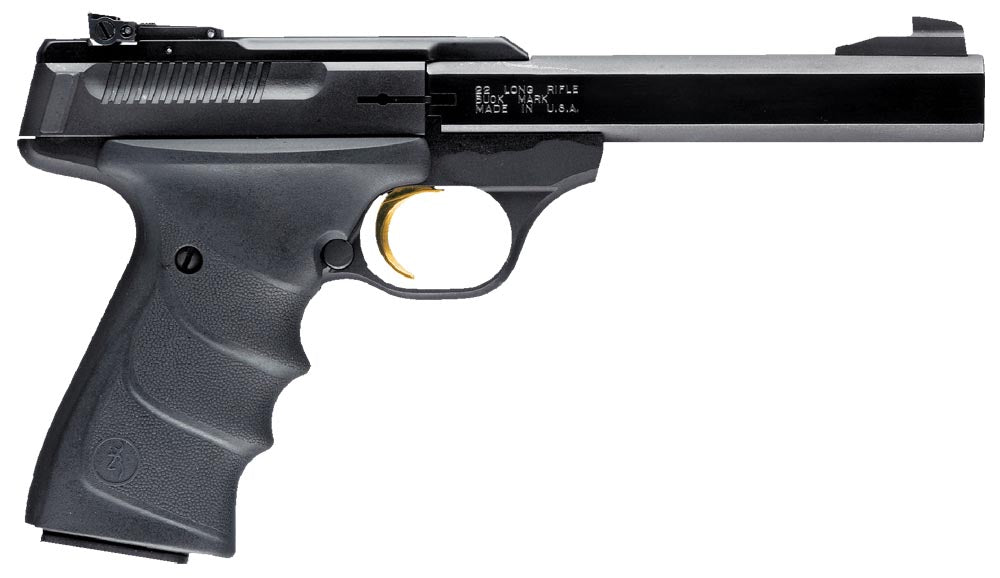 Browning 051407490 Buck Mark Standard *CA Compliant 22 LR 10+1 5.50" Slab Side Barrel, Matte Black Serrated Steel Slide & Aluminum Frame, Black Overmolded Grips
