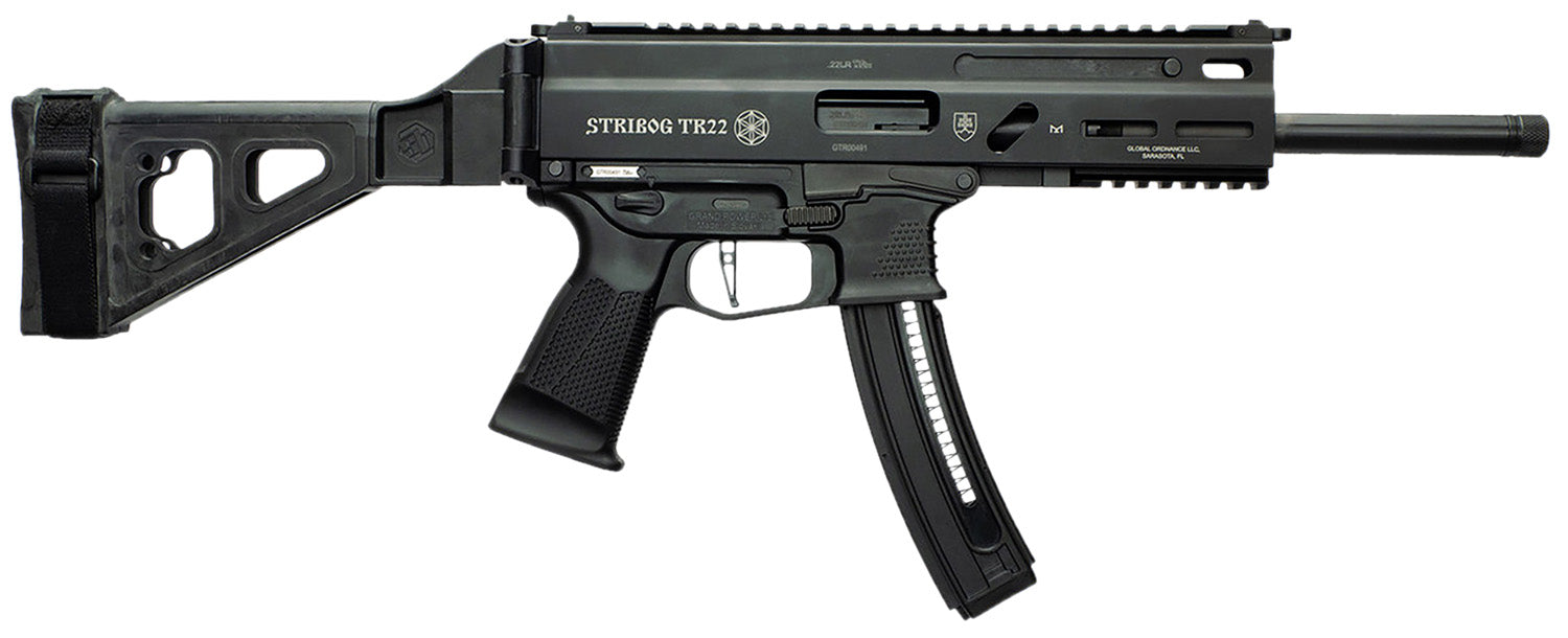 Grand Power 197892004817 TR22 Stribog 22 LR 25+1 10" Black Threaded Barrel, Black Hardcoat Anodize Receiver w/Picatinny Rail, Black SB Tactical Brace, Black Polymer Grip, Ambidextrous