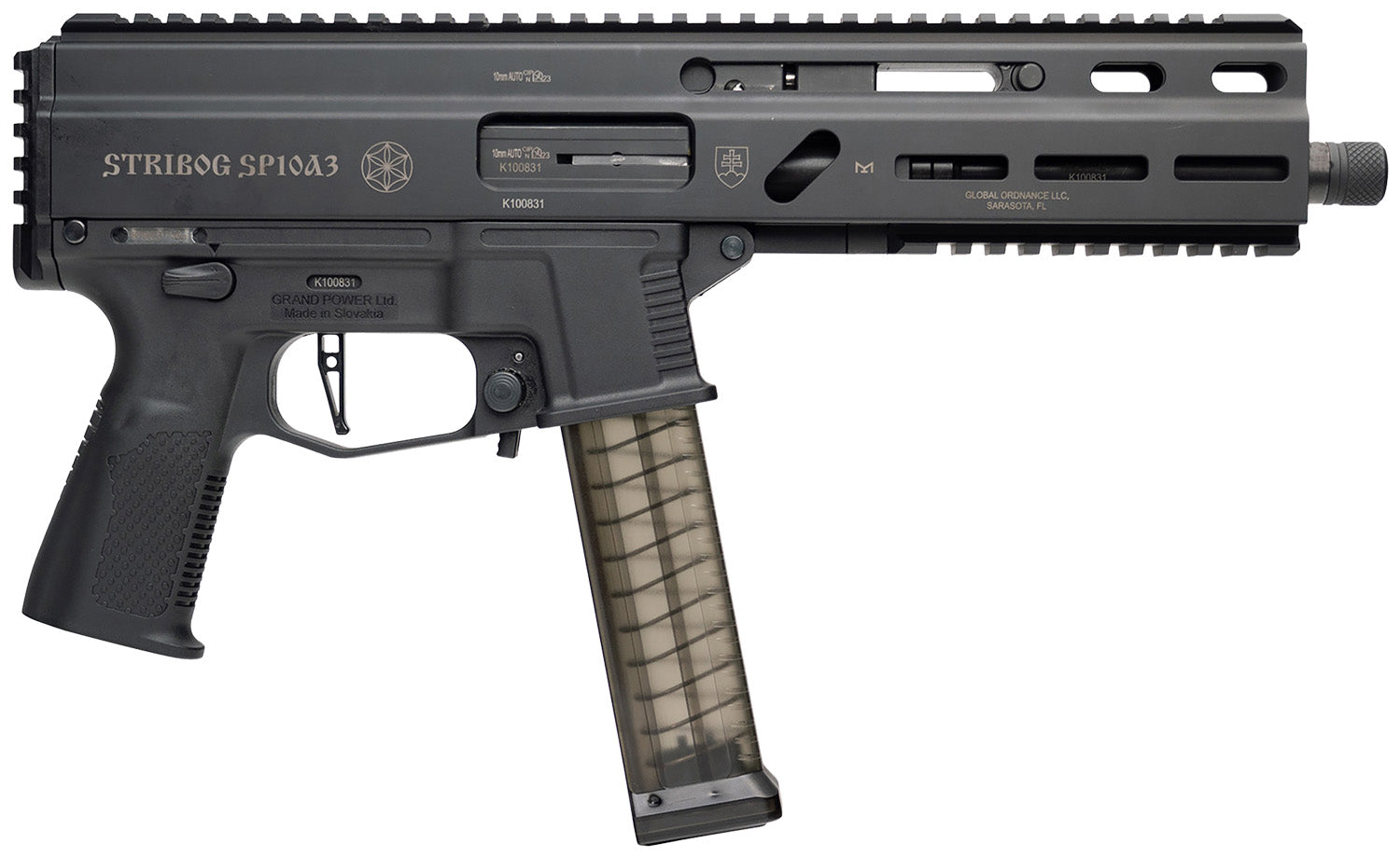 Grand Power 810091157152 SP10A3 Stribog 10mm Auto 20+1 8" Black Threaded Barrel, Black Aluminum Picatinny Rail Receiver, Rear picatinny Rail, Black Polymer Grip, Thread Protector