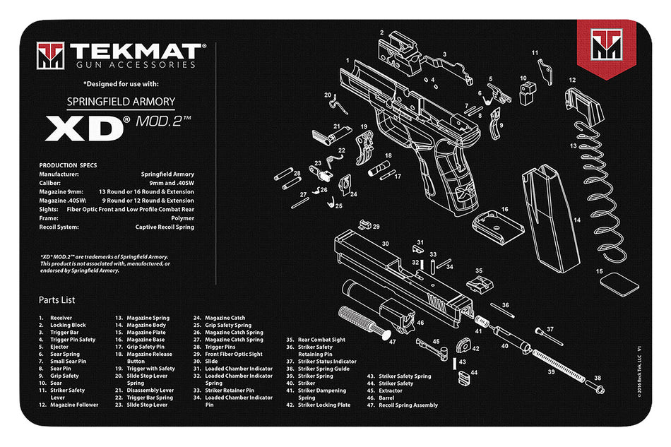 TekMat TEKR17XDMOD2 Springfield Armory XD MOD 2 Cleaning Mat Black/White Rubber 11"x17" Springfield Armory XD MOD 2 Parts Diagram