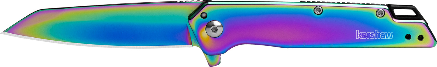 Kershaw 1365RBW Misdirect 3" Folding Reverse Tanto Plain Polished Rainbow PVD 4Cr14 Blade, Polished Rainbow PVD Stainless Steel Handle
