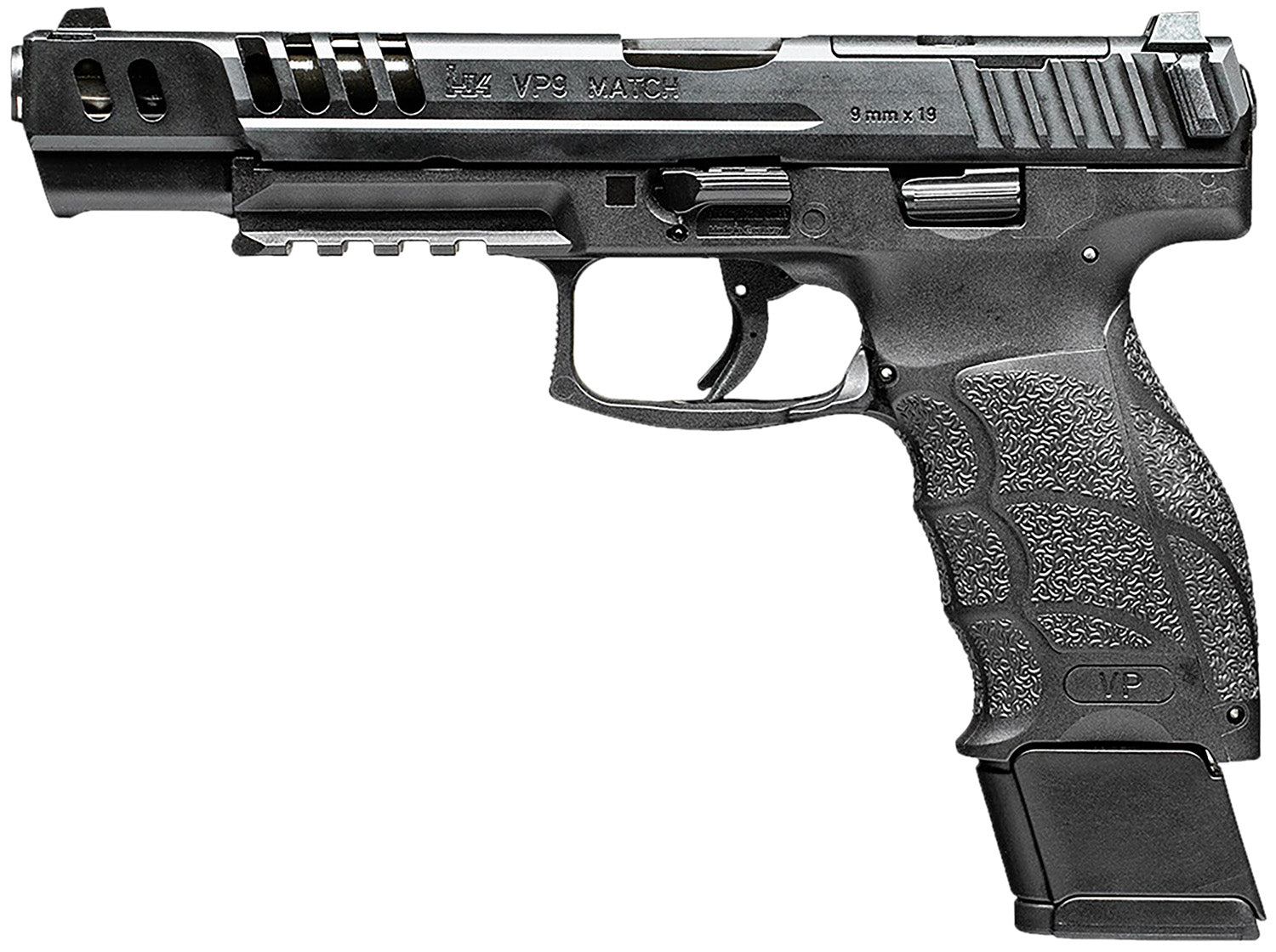 HK 81000935 VP9 Match 9mm Luger 15+1 5.51" Polygonal Rifled Barrel, Black Optic Ready/Serrated w/Ports Slide & Frame w/Picatinny Rail, Black Finger Grooved Polymer Grips, Ambidextrous