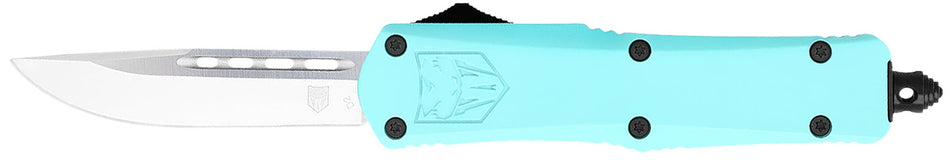 CobraTec Knives STBFS3DNS FS-3 Small 2.75" OTF Drop Point Plain D2 Steel Blade, 4.25" Mint Blue Aluminum Alloy Handle