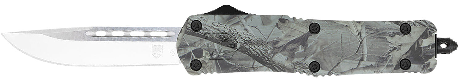 CobraTec Knives MWDFS3DNS FS-3 Medium 3" OTF Drop Point Plain D2 Steel Blade, 4.50" Woodland Camo Aluminum Alloy Handle