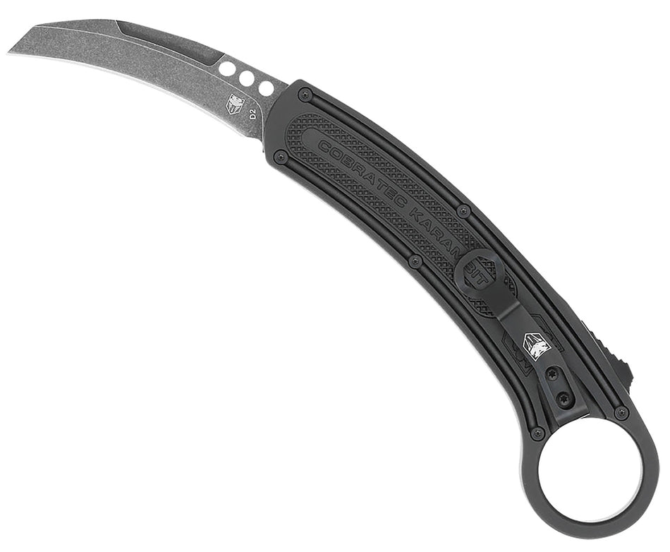CobraTec Knives CTBKRH Karambit 2.75" Folding Plain Stonewashed D2 Steel Blade, 5.88" Black Anodized w/Finger Ring Aluminum Handle