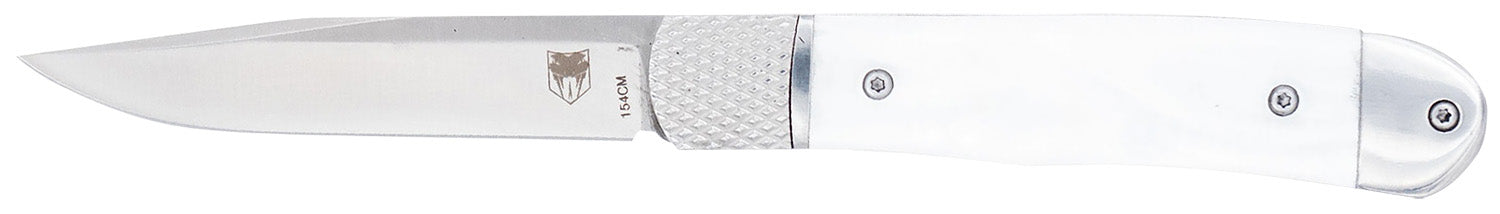 CobraTec Knives CTTHRWTABA154CM Trapper Small 3.13" Folding Plain 154CM SS Blade, 4.25" White Abalone Scales Handle