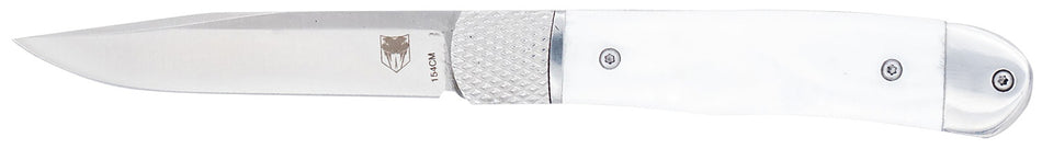 CobraTec Knives CTTHRWTABA154CM Trapper Small 3.13" Folding Plain 154CM SS Blade, 4.25" White Abalone Scales Handle