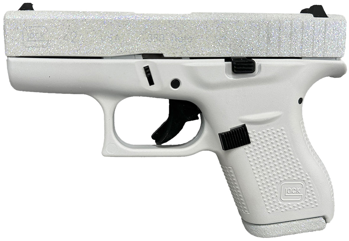 Glock UI4250204NFRST G42 Gen3 Sports South Exclusive 380 ACP 6+1 3.25" Black Steel Barrel, Frost Glitter Cerakote Serrated Steel Slide, Frost Cerakote Polymer Frame, Textured Polymer Grip, USA Made
