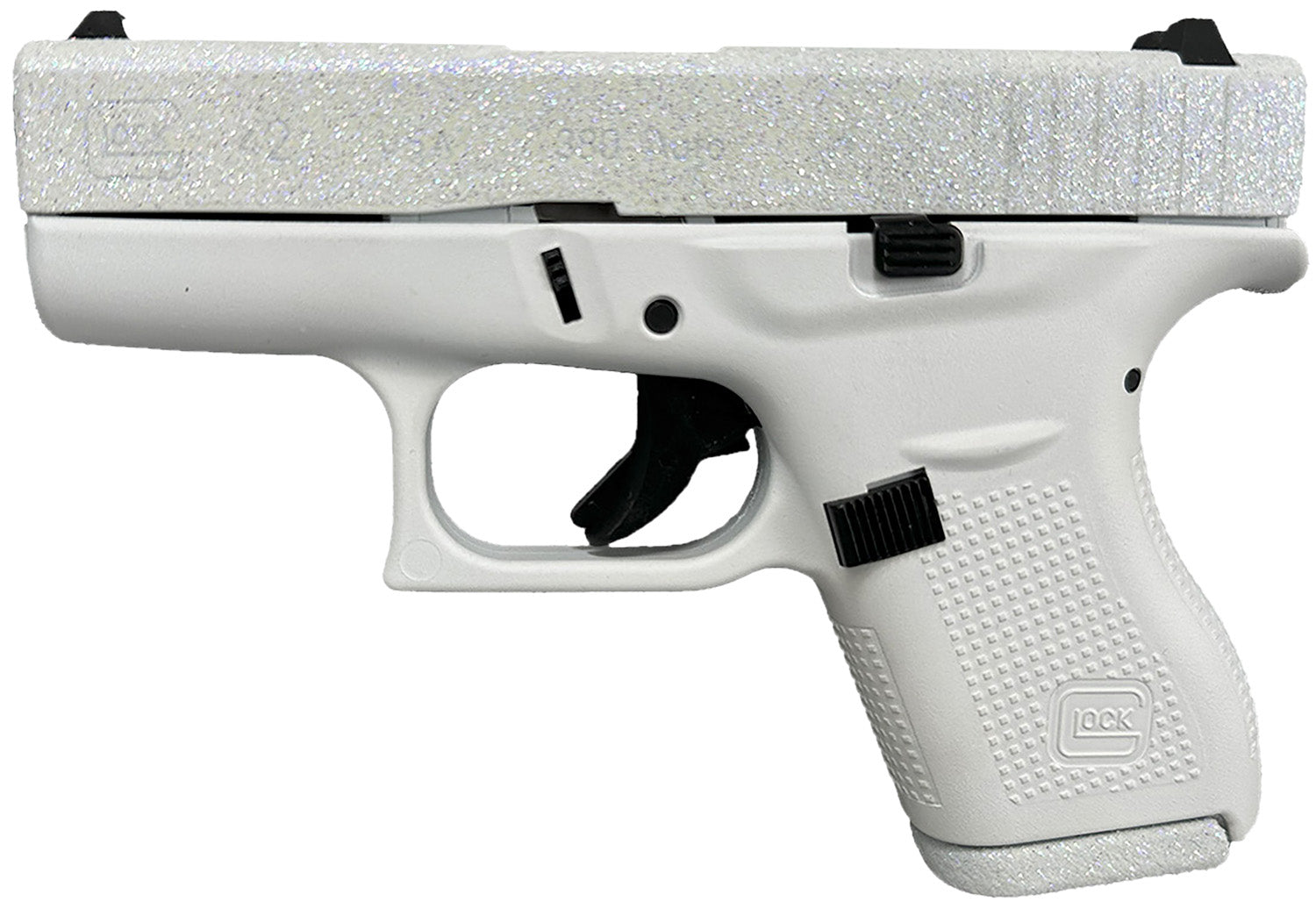 Glock UI4250204NFRST G42 Gen3 Sports South Exclusive 380 ACP 6+1 3.25" Black Steel Barrel, Frost Glitter Cerakote Serrated Steel Slide, Frost Cerakote Polymer Frame, Textured Polymer Grip, USA Made
