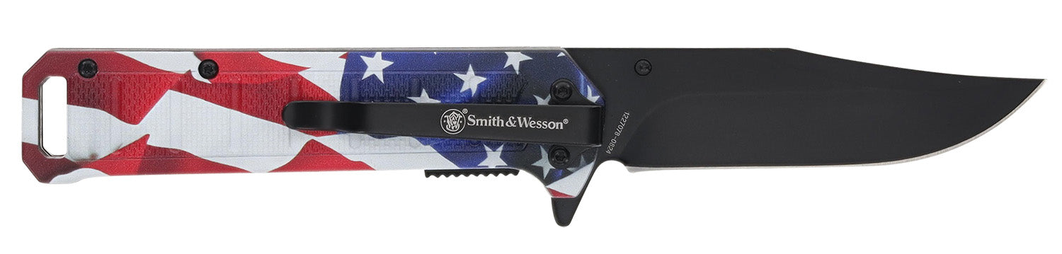Smith & Wesson Knives 1227078 America's Heroes w/Bullet Knife 3.40" Folding Plain Black Oxide Stainless Steel Blade, 4.50" US Flag Handle, Bullet Knife, Gift Tin