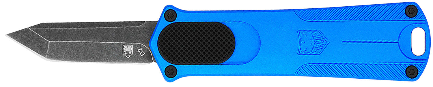 CobraTec Knives CALI952BLUTNS California 952 *CA Compliant 1.75" OTF Tanto Plain Black Stonewashed D2 Steel Blade, 3" Blue Anodized Aluminum Handle
