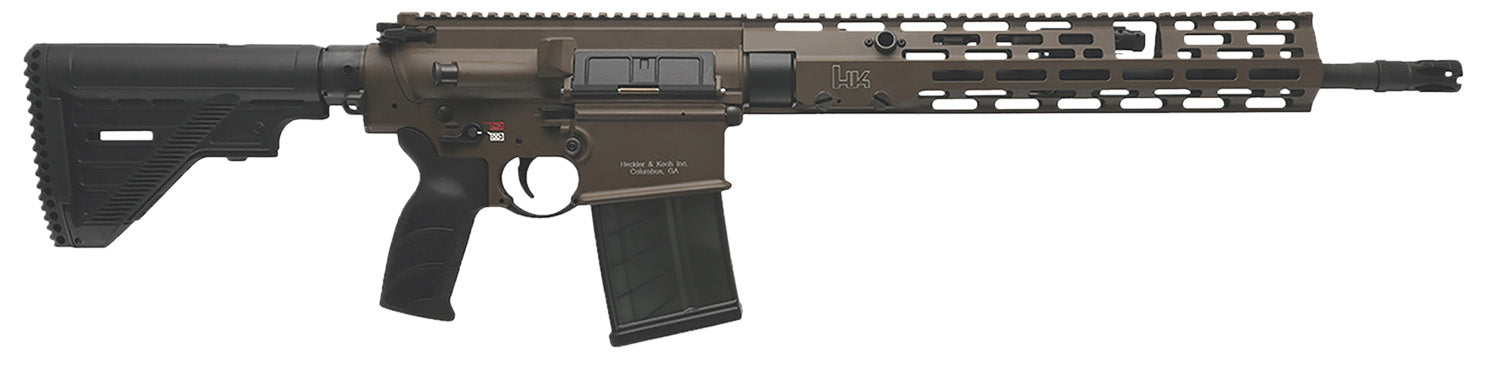 HK 81001206 MR762 A4 7.62x51mm 10+1 16.50" Black Threaded Barrel, Patriot Brown Picatinny Rail Receiver, M-LOK Handguard, 6 Position Black Synthetic Stock, Black Finger Grooved Grip, Ambidextrous