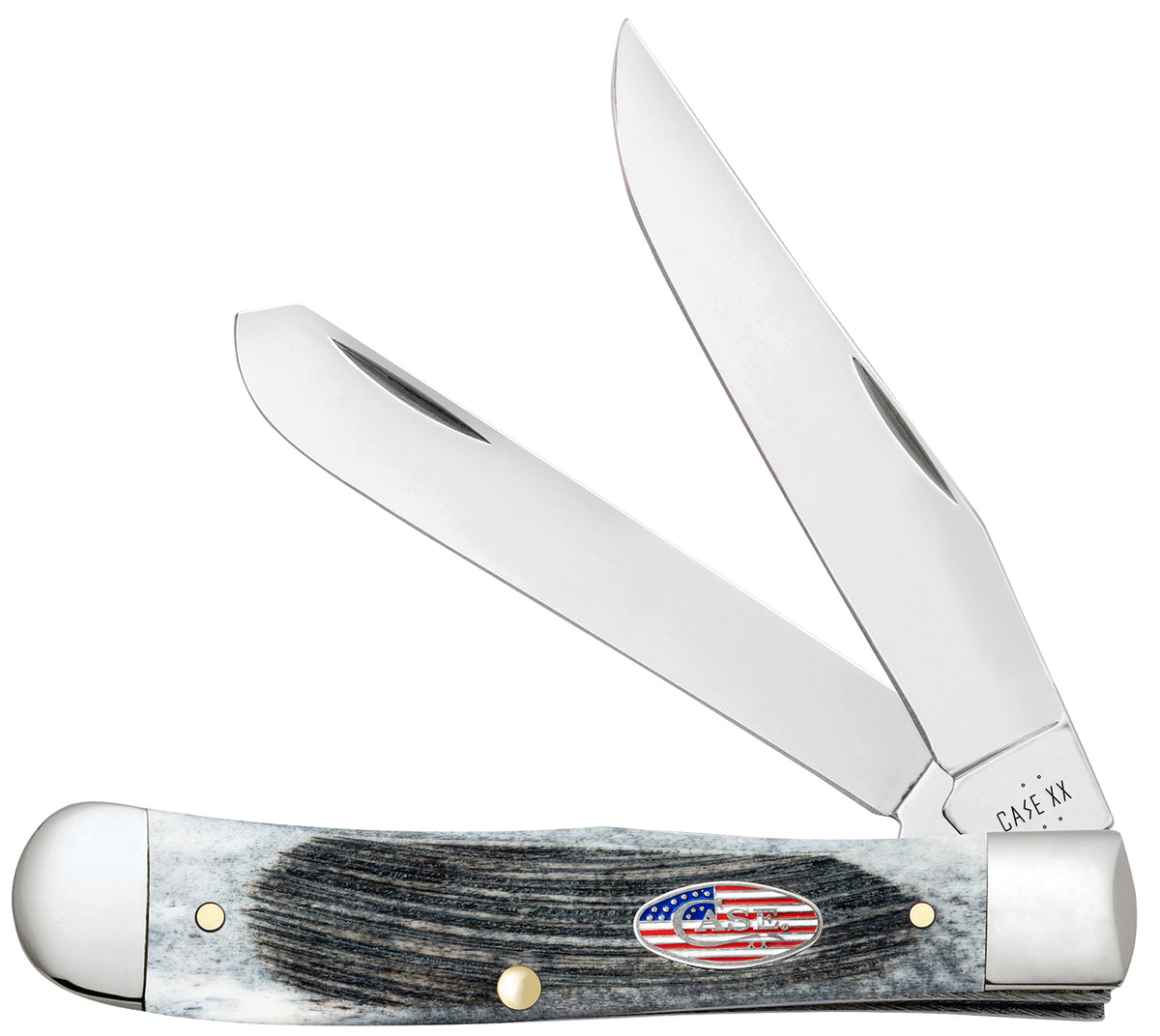Case 53060 Trapper Stars & Stripes 3.24"/3.27" Folding Clip Point/Spey Plain Mirror Polished Tru-Sharp SS Blade, Sawcut Jig Gray Bone Handle, American Flag Shield