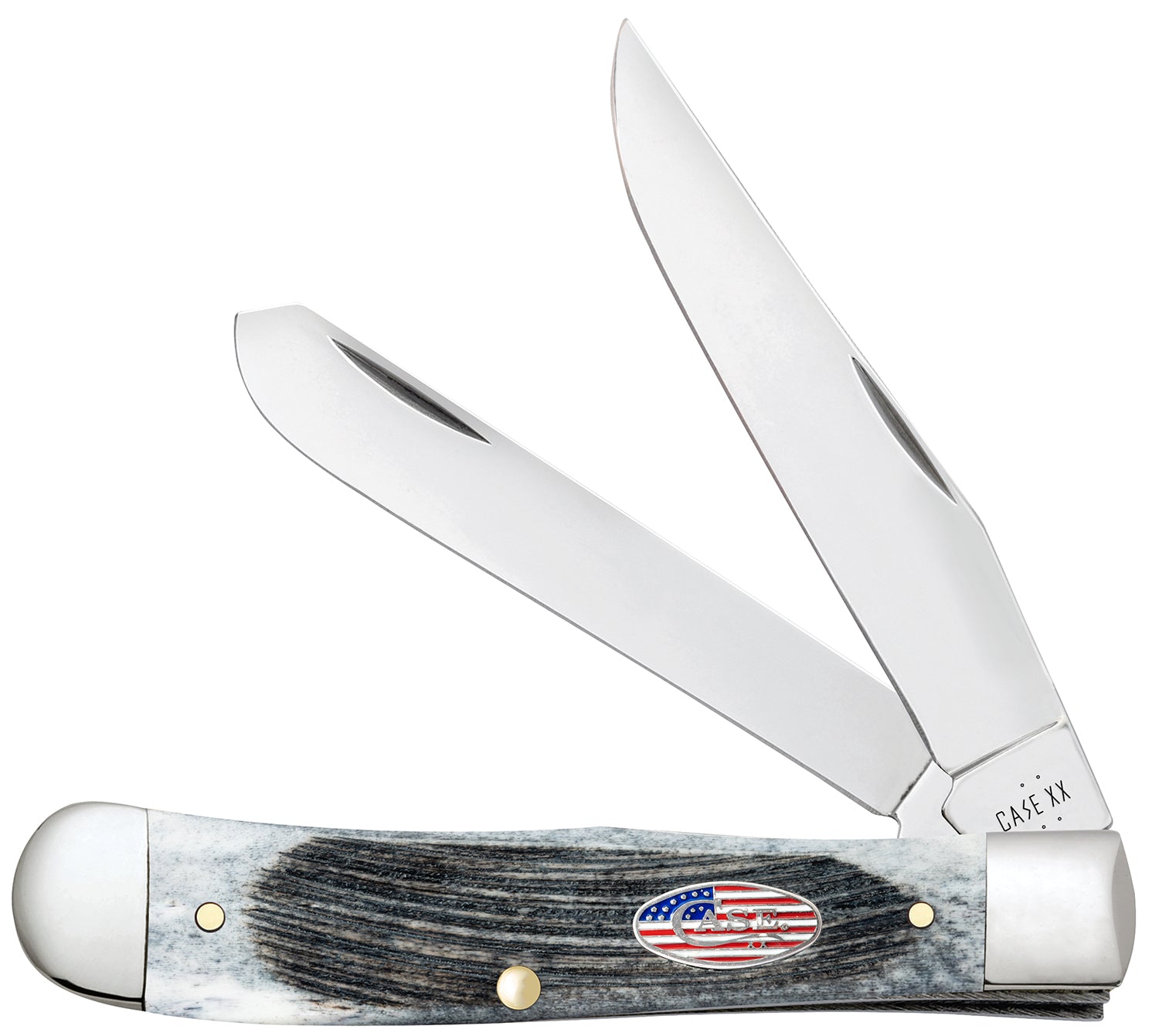 Case 53060 Trapper Stars & Stripes 3.24"/3.27" Folding Clip Point/Spey Plain Mirror Polished Tru-Sharp SS Blade, Sawcut Jig Gray Bone Handle, American Flag Shield