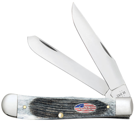 Case 53060 Trapper Stars & Stripes 3.24"/3.27" Folding Clip Point/Spey Plain Mirror Polished Tru-Sharp SS Blade, Sawcut Jig Gray Bone Handle, American Flag Shield