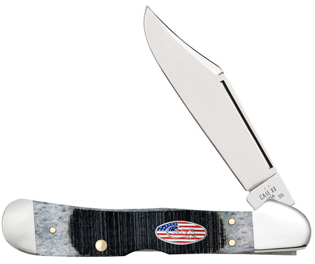 Case 53063 CopperLock Stars & Stripes 2.99" Folding Wharncliffe Plain Mirror Polished Tru-Sharp SS Blade, Sawcut Jig Gray Bone Handle, American Flag Shield