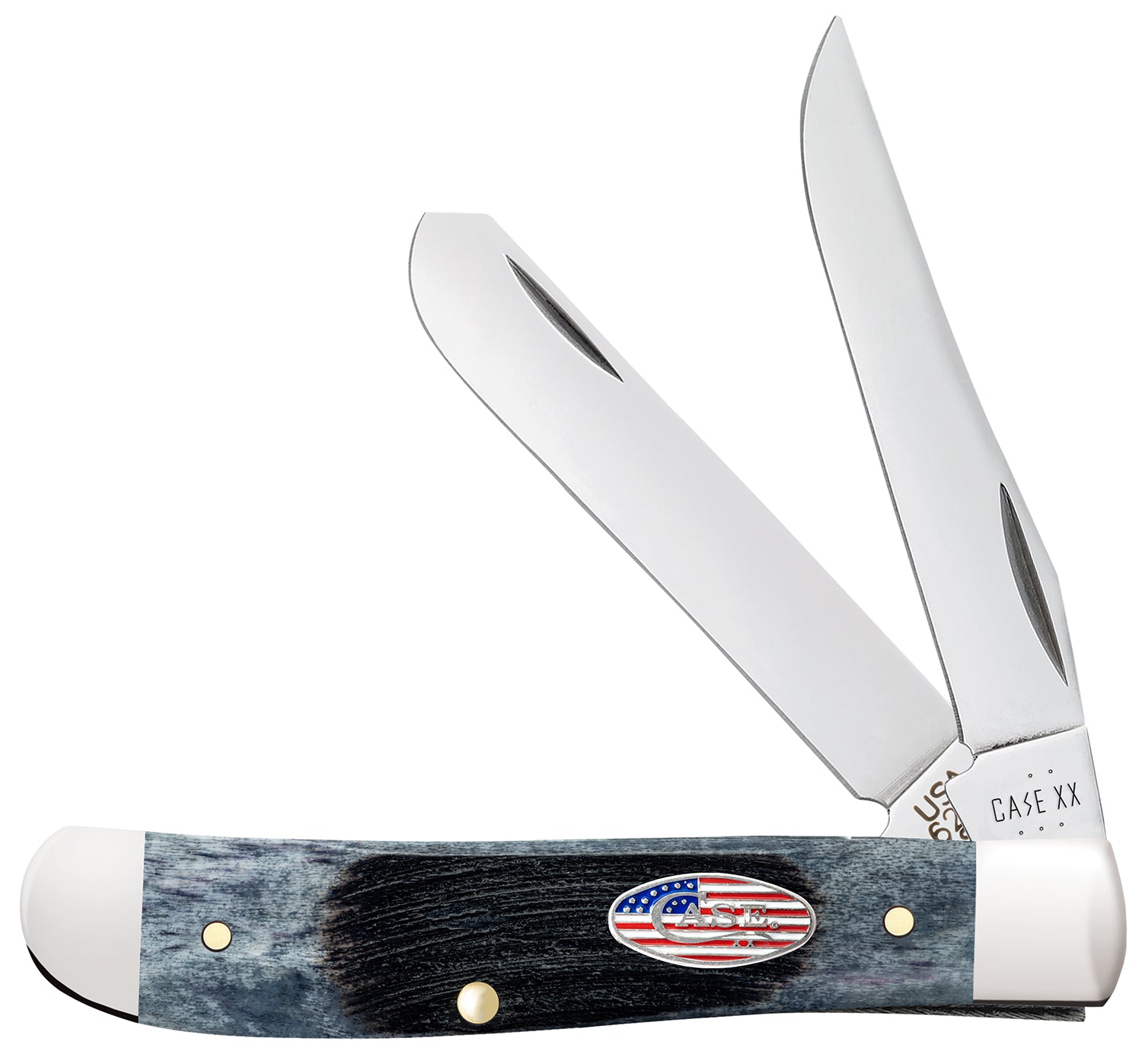 Case 53066 Trapper Stars & Stripes Mini Folding Plain Edge 2.70" Clip Point/2.80" Spey, Mirror Polished Carbon Steel Blade, Jigged Gray Bone Handle, American Flag Shield