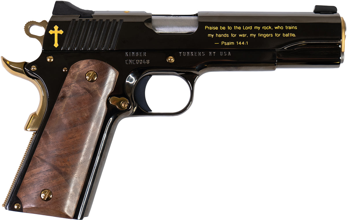 Cnc Firearms CNCCRUS1911 Kimber 1911 Crusader Limited Edition Full Size 45 ACP 7+1 5" Stainless Match Grade Barrel, Diamond Like Coating w/24kt Gold Inlay Engraving Slide & Steel Frame, Walnut Grip