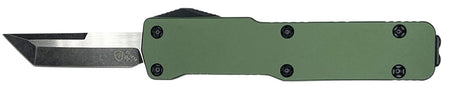 Templar Knife Premium LW 1.85" OTF Tanto Plain Black Oxide Stonewashed Powder Coated D2 Steel Blade, 3.50" Green Anodized Aluminum Handle, California Legal
