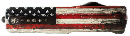 Templar Knife Premium Weighted Slim 3.16" OTF Drop Point Plain Black Oxide Stonewashed Powder Coated D2 Steel Blade, 4.93" Painted Wood Grain US Flag Aluminum Zinc Alloy Handle