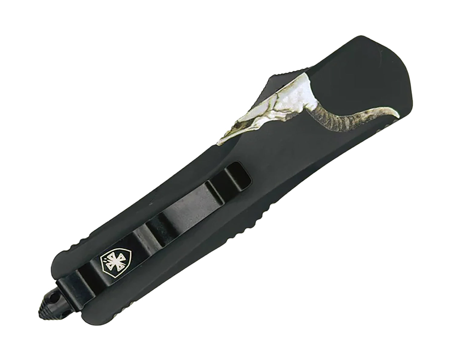 Templar Knife Gen II Badlands Slim 3.43" OTF Tanto Plain Black Oxide Stonewashed 440C SS Blade, 5.05" Black w/Cattle Skull Aluminum Handle, Glass Breaker