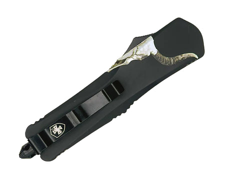 Templar Knife Gen II Badlands Slim 3.43" OTF Tanto Plain Black Oxide Stonewashed 440C SS Blade, 5.05" Black w/Cattle Skull Aluminum Handle, Glass Breaker