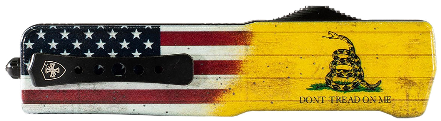 Templar Knife Premium LW Don't Tread On Me Small 3" OTF Drop Point Plain Black Oxide Stonewashed Powder Coated D2 Steel Blade, 4.50" Yellow w/Flag & "Don't Tread On Me" Aluminum Handle