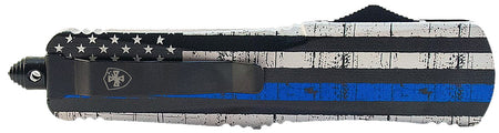 Templar Knife Gen II Back The Blue Small 2.75" OTF Drop Point Plain Black Oxide Stonewashed 440C SS Blade, 4.25" B&W US Flag w/Blue Line Aluminum Handle, Glass Breaker