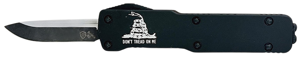 Templar Knife Premium LW Don't Tread On Me Micro 1.85" OTF Drop Point Plain Black Oxide Stonewashed Powder Coated D2 Steel Blade, 3.50" Black w/"Don't Tread On Me" Aluminum Handle, California Legal