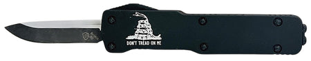 Templar Knife Premium LW Don't Tread On Me Micro 1.85" OTF Drop Point Plain Black Oxide Stonewashed Powder Coated D2 Steel Blade, 3.50" Black w/"Don't Tread On Me" Aluminum Handle, California Legal