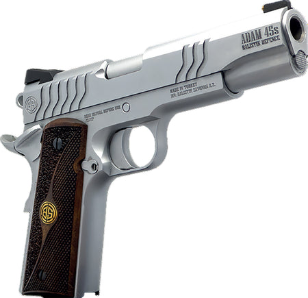Dickinson LLC DCKSN45S 1911 Adam S Full Size Frame SAO 45 ACP 7+1 5" Stainless Button Rifled Barrel, Stainless Steel S Serrations Slide, Stainless Steel Frame, Wood Grip