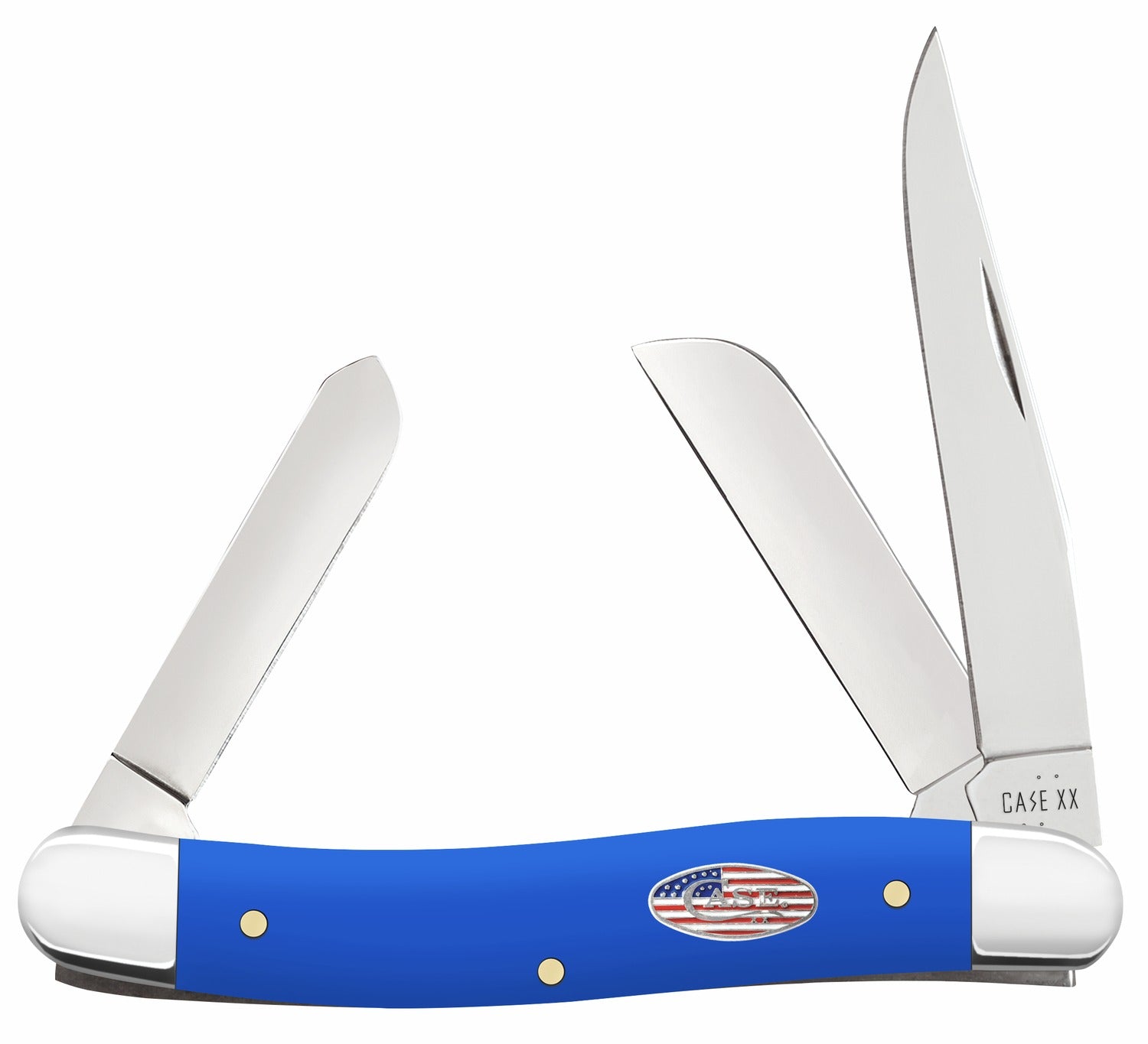 Case 16402 Stockman Medium Folding Clip Point/Sheepsfoot/Spey Plain Carbon Steel Blade, Smooth Royal Blue Synthetic Handle