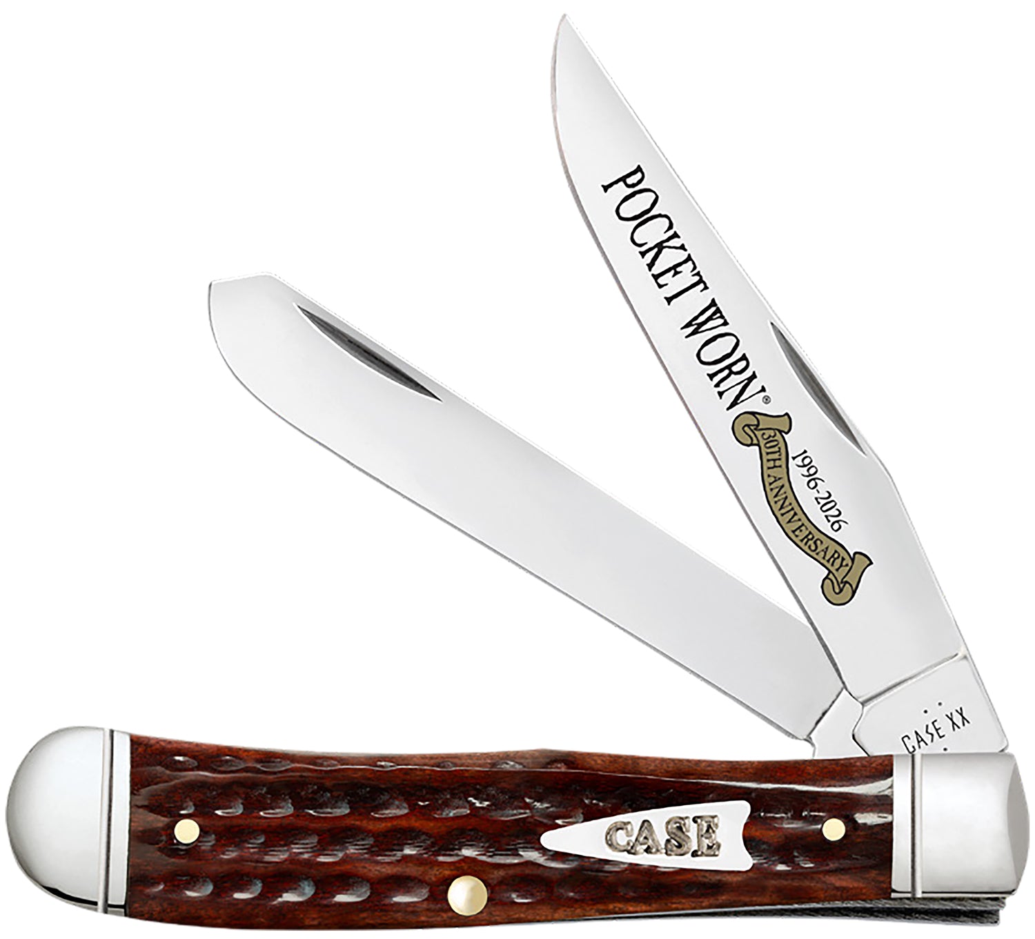 Case 55230 Pocket Worn Trapper Folding Clip Point/Spey Plain Mirror Polished Tru-Sharp SS Blade, Corn Cob Jigged Mahogany Bone Handle