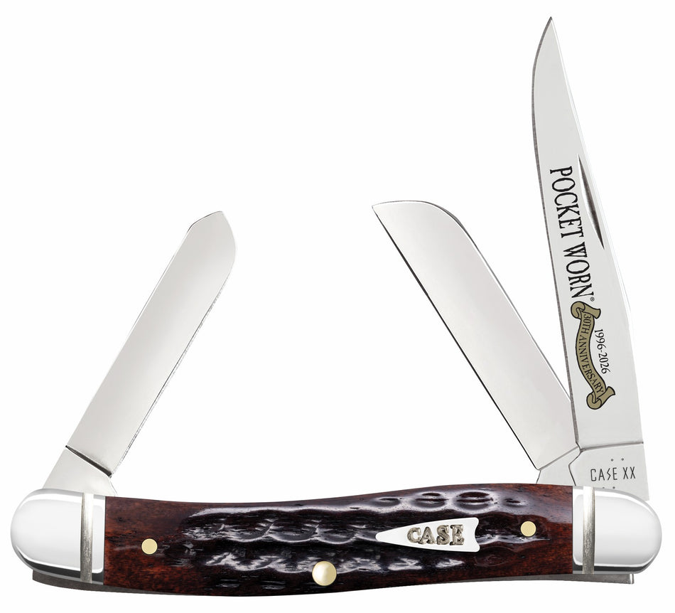 Case 55232 Pocket Worn Stockman Medium Folding Clip Point/Pen/Sheepsfoot Plain Tru-Sharp SS Blade, Mahogany Corn Cob Jigged Bone Handle