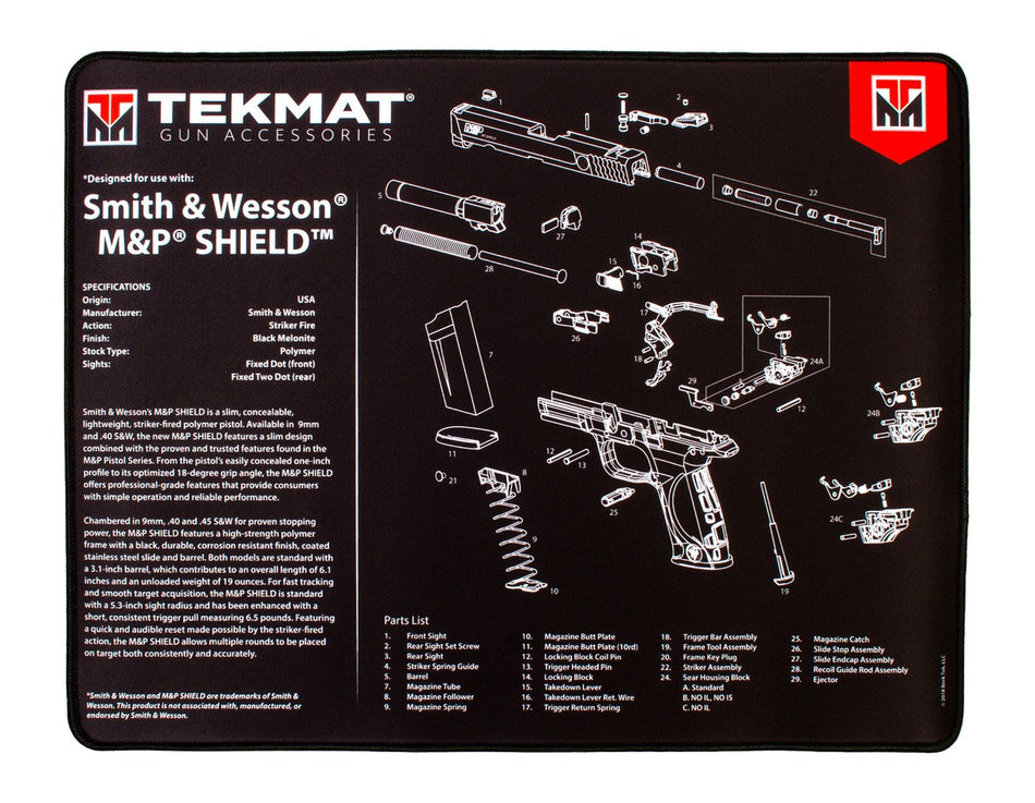 TekMat S&W M&P SHIELD Ultra Premium Gun Cleaning Mat, 15"x20", Includes Small Microfiber TekTowel, Packed In Tube TEK-R20-SW-MP-SHIELD
