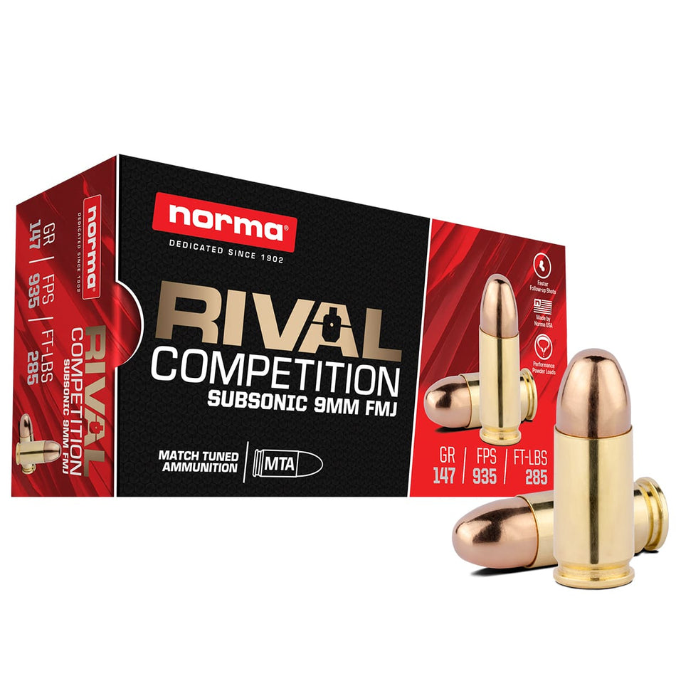 Norma 9mm Luger Rival 147gr FMJ Subsonic Ammo