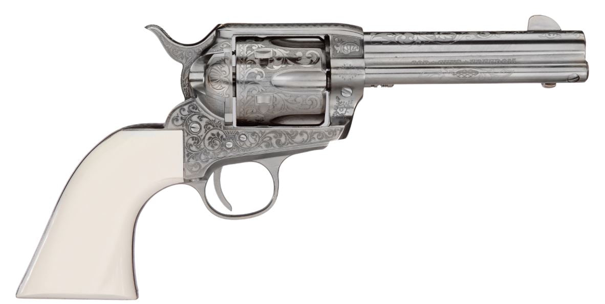 Taylors & Company 200057 1873 Cattleman Outlaw Legacy 45 Colt (LC) Caliber with 4.75" Barrel, 6rd Capacity Cylinder, Overall Nickel Engraved Finish Steel & Ivory Synthetic Grip