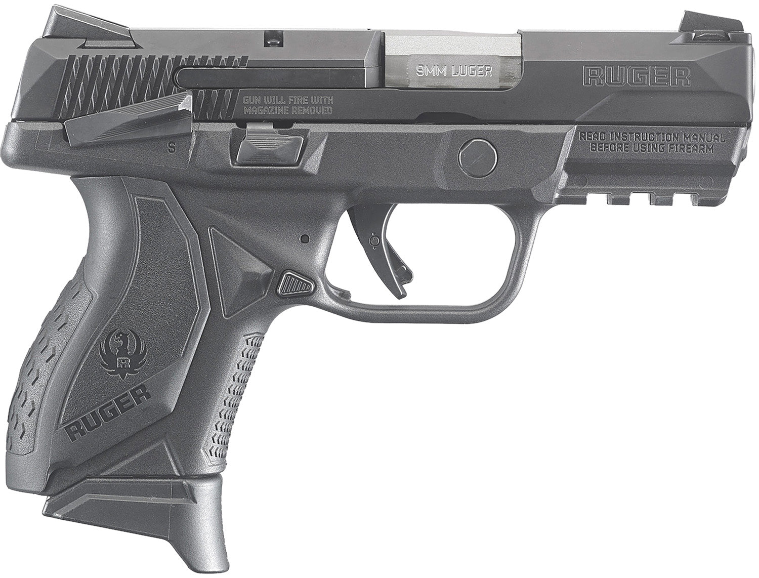 Ruger 8639 American Compact 9mm Luger 17+1 3.55" Stainless Steel Barrel, Black Nitride Serrated Stainless Steel Slide, Black Polymer Frame w/Picatinny Rail, Textured Wraparound Grip, Right Hand